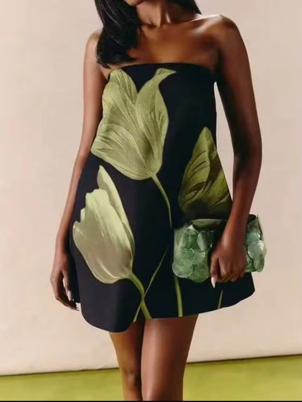 Strapless Black Mini Dress with Olive Floral Print